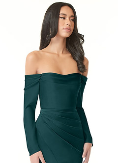 Azazie Hallie Bridesmaid Dresses Pine Sheath Off-The-Shoulder Long Sleeve Stretch Satin Convertible Dress image1
