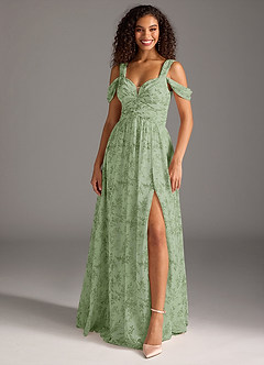 Azazie Lianne Vestidos de damas de honor Vestido de Floral Helecho Verde de Gasa de Corte en A con Vestidos sin tirantes image5