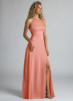 Azazie Clarice Bridesmaid Dresses Coral A-Line High Neck Stretch Satin Dress image2