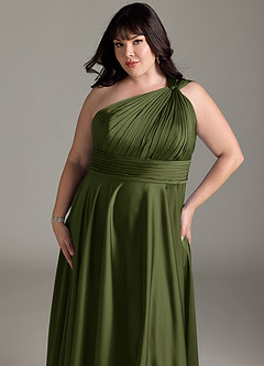 Azazie Charlize Robes de demoiselle d'honneur Robe Trapèze en Satin extensible Asymétrique Olive image6