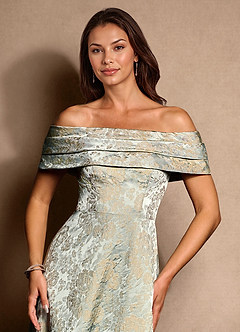 Azazie New Britain Essayer des robes à la maison Robe Trapèze en Jacquard Plissée Bleu Vintage image7