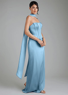 Azazie River At-home Try On Dresses Steel Blue Sheath Corset Stretch Satin Convertible Dress image12