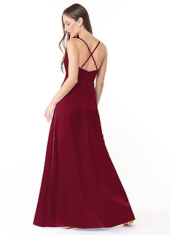 Azazie Naomie Bridesmaid Dresses Burgundy A-Line Cowl Neckline Side Slit Stretch Satin Dress image2