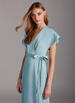 Azazie Nico Brautjungfernkleider A-Linie V-Hals Stretch-Satin Kleid Stimmungsvolles Blau image6