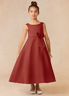 Azazie Lindy Flower Girl Dresses Terracotta A-Line Pleated Matte Satin Dress image2