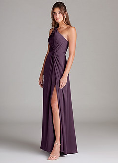 Azazie Brooke Bridesmaid Dresses Plum A-Line One Shoulder Stretch Satin Dress image5