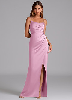 Azazie Calandra Robes de demoiselle d'honneur Robe Trapèze en Satin extensible Plissée Rose Bonbon image1