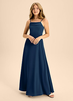 Azazie Anselie Junior Jurk van Stretch Satijn met A-Lijn Off the Shoulder Donkere Marine image3
