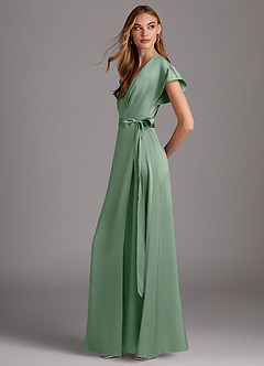 Azazie Nico Bridesmaid Dresses Matcha A-Line V-Neck Stretch Satin Dress image2