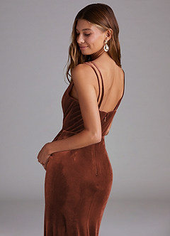Azazie Leo Bridesmaid Dresses Terracotta Sheath Pleated Velvet Dress image6