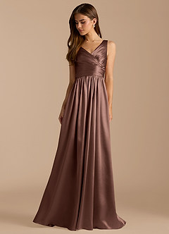 Azazie Keyla Bridesmaid Dresses Espresso A-Line Pleated Metallic Satin Dress image3