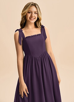 Azazie Delia Junior Plum A-Line Bow Chiffon Dress image2
