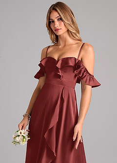 Azazie Lyra Vestidos de damas de honor Vestido Terracota de Satén Elástico de Línea A Convertible con Hombros descubiertos image7