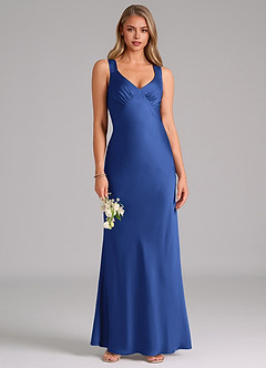 Azazie Kamila 신부 들러리 드레스 A라인 주름진 스트레치 새틴 바닥 길이 드레스 image1