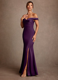 Azazie Boone Abiti per la Madre della Sposa Abito Sirena in Raso Elasticizzato a Spalla Scoperta Uva image4