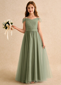 Azazie Yuna Girls Formal Flower Girl Dresses Pistachio A-Line Off the Shoulder Tulle Dress image3