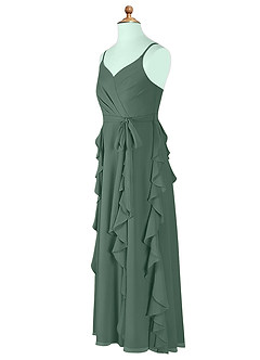 Azazie Peyton Junior Vestido de Musgo Marino de Gasa de Corte En A con Volantes en cascada Cuello en V image8