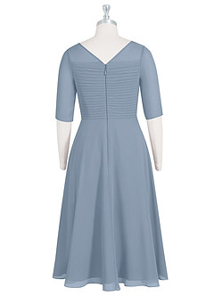 Azazie Naomi Mother of the Bride Dresses Dusty Blue A-Line Boatneck Pleated Chiffon Dress image8
