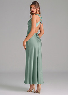 Azazie Evadne Vestidos de damas de honor Vestido de Salvia Plateada de Satén Elástico de Corte Recto con Plisado image2