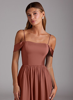 Azazie Calianna Vestidos de madrinha de casamento Vestir Castanho Aloirado de Cetim elástico de Linha A com Fora do ombro image2