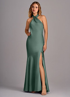 Azazie Lorena At-home Try On Dresses Dusty Blue Mermaid Pleated Stretch Satin Dress image1
