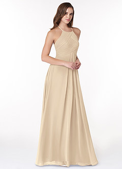 Azazie Ginger Bridesmaid Dresses Champagne A-Line Halter Pleated Chiffon Dress image1