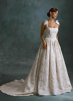 Azazie Rosalinda Wedding Dresses Diamond White Champagne Ball-Gown with Pockets Floral Burnout Dress image5