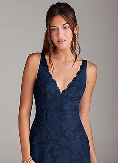 Azazie Tianna Bridesmaid Dresses Dark Navy Sheath Lace Floral Burnout Dress image6