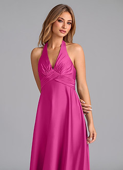 Azazie Tessie Bridesmaid Dresses Fuchsia A-Line Pleated Stretch Satin Dress image3