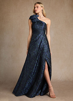 Azazie Easton Mère de la mariée Robes Robe Trapèze en Jacquard Ue épaule Bleu Marine Foncé image4