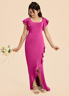 Azazie Demi Junior Vestido de Fucsia de Satén Elástico de Corte Sirena con Lazo image3
