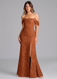 Azazie Saige Bridesmaid Dresses Burnt Orange A-Line Off the Shoulder Floral Burnout Convertible Dress image1