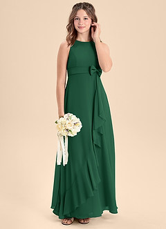 Azazie Lilenne Junior Vestido de Verde Oscuro de Gasa de Corte En A con Lazo image3