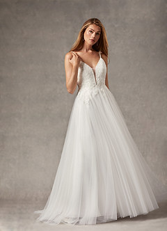 Azazie Celandine Wedding Dresses Diamond White A-Line V-Neck Sequins Tulle Dress image5