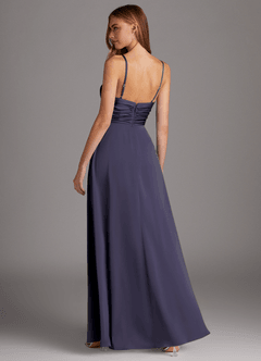 Azazie Jenna Robes de demoiselle d'honneur Robe Trapèze en Satin extensible Plissée Bleu Orageux image4