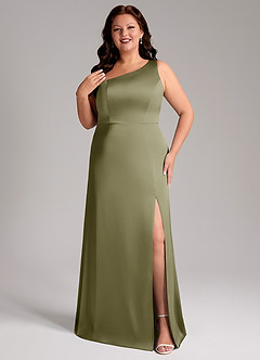 Azazie Phaedra Bridesmaid Dresses Pistachio A-Line One Shoulder Stretch Satin Dress image1