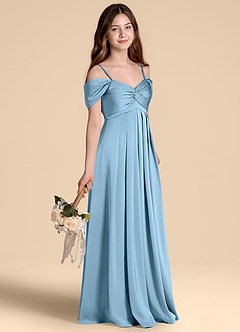 Azazie Kaitlynn Junior Abito A-Line in Raso Elasticizzato a Spalla Scoperta Blu Acciaio image5