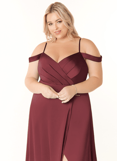 Azazie Ocean Bridesmaid Dresses Merlot A-Line V-Neck Pleated Stretch Satin Dress image10