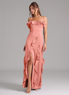 Azazie Malia Bridesmaid Dresses Coral A-Line Side Slit Stretch Satin Dress image1