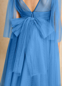 Azazie Dori Robe Demoiselle D'honneur Fillette Robe Trapèze en Tulle Rayé Geai Bleu image7