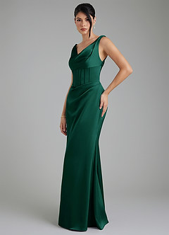 Azazie Spencer Bridesmaid Dresses Emerald Mermaid Pleated Stretch Satin Dress image3
