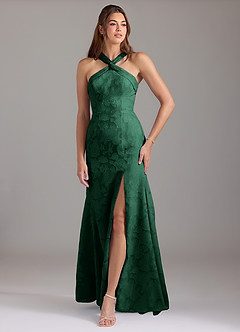 Azazie Rue Bridesmaid Dresses Dark Green A-Line Pleated Floral Burnout Dress image1