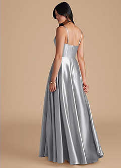 Azazie Elle Bridesmaid Dresses Silver A-Line with Pockets Metallic Satin Dress image2