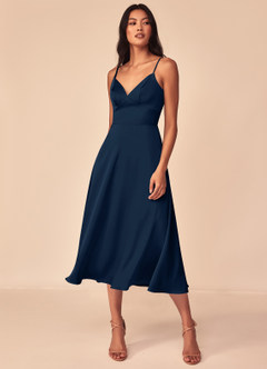 Azazie Dottie Bridesmaid Dresses Dark Navy A-Line Stretch Satin Dress image3