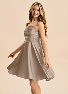 Azazie Miko Junior Taupe A-Line Pleated Stretch Satin Dress image7