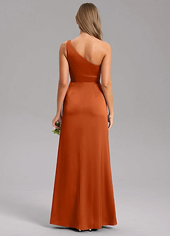 Azazie Feby Vestidos de damas de honor Vestido de Naranja Quemada de Satén Elástico de Corte en A con Hombro unilateral image2