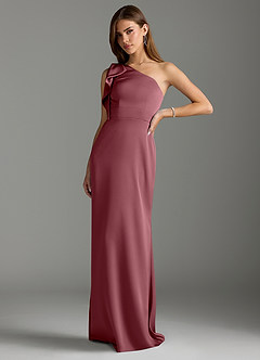 Azazie Rinna Vestidos de damas de honor Vestido de Rosa Del Desierto de Satén Elástico de Corte Sirena con Volante image4