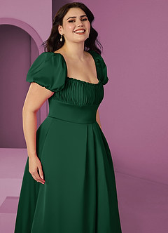 Barbie ♥ Azazie Bridesmaid Dresses Dark Green A-Line Ruched Stretch Satin Dress image10