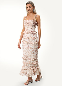 Emery Rose Pink Floral Printed Ruched Ruffled Maxi Dress