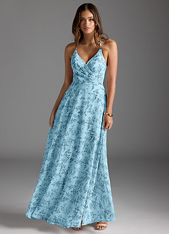 Azazie Davis Abiti da Damigella Abito A-Line in Chiffon con Scollo a V Blue Fern Floral image4